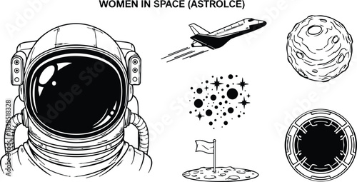 Line art frontal astronaut helmet with reflective visor woman headshot plus modular space icons shuttle moon planet and lunar flag in monochrome vector illustration minimal ink
