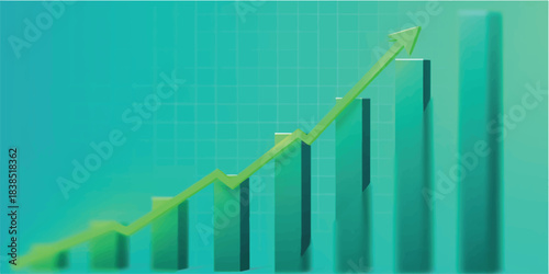3D bar graph showing financial market success with an upward arrow indicating sales increase and progress toward business growth
