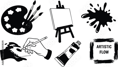 Flat design vector icon set of artist palette with brushes easel paint tube ink splatter hand drawing canvas close up creative studio workspace black silhouette minimal
