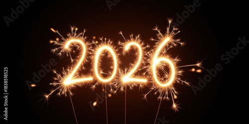 Sparkling representation of the year 2026, illuminated by vibrant sparklers against a dark backdrop.