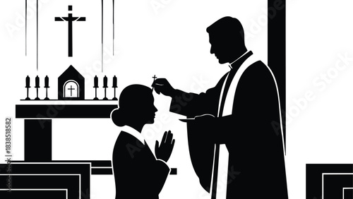 Minimalist silhouette vector close up side view of kneeling woman receiving communion from standing priest at church altar with visible cross high contrast solemn intimate peaceful