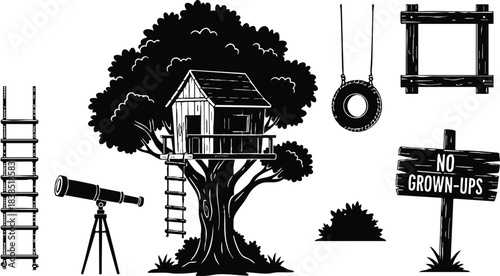 Silhouette vector tree house perched in oak tree with ladder rope ladder and tire swing telescope and wooden sign kids only close up trunk side view