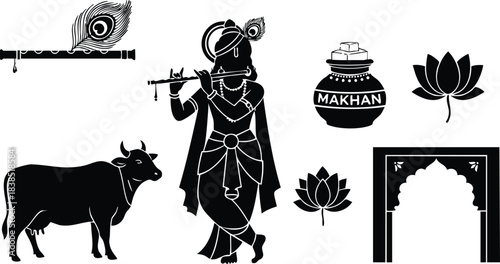 Silhouette vector krishna playing flute beside cow with peacock feather and butter pot lotus and ornate temple arch in black and white landscape close up detailed