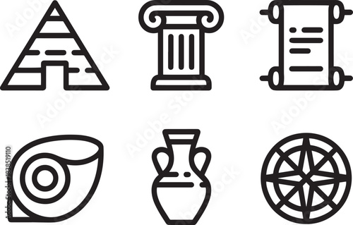 Ancient history vector icons showing pyramid column scroll shell amphora and compass rose