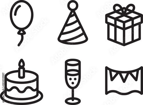 Collection of six outline icons representing various items used for celebrating birthdays and festive occasions
