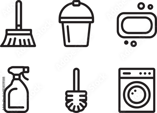 Group of household cleaning supplies icons for domestic chores and janitorial maintenance tasks