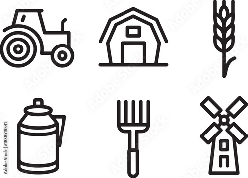 Outline set of farming and agriculture icons representing rural life and harvest