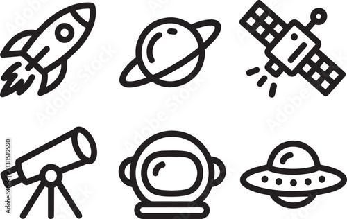 Outline set of space exploration and astronomy icons for cosmic science design projects