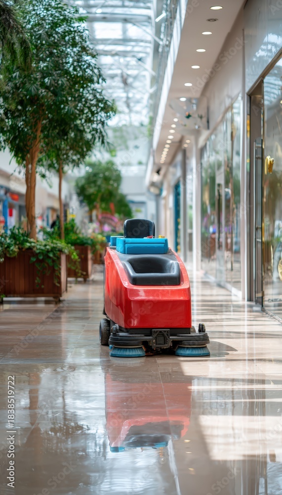 Obraz premium Professional Floor Cleaning Machine Operating in Bright Shopping Mall Corridor