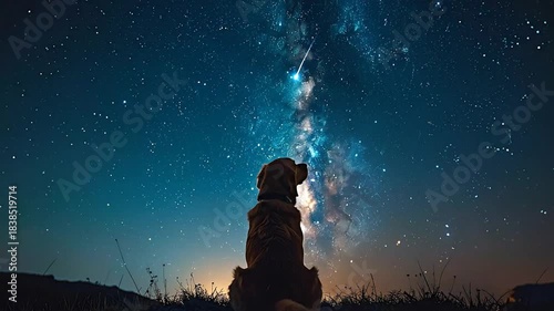 Silhouette of a faithful canine companion watching the mesmerizing Milky Way galaxy and a falling star in the vast night sky