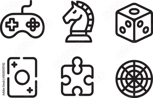 Set of six black line icons representing various games and entertainment activities for design
