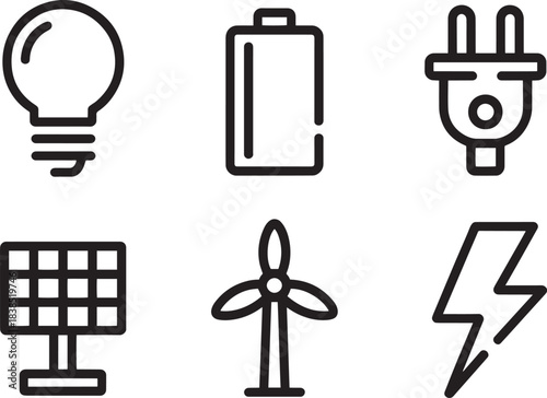 Set of simple outline icons representing energy and power sources for renewable concepts