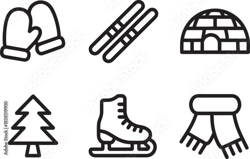 Set of six outline winter season icons featuring mittens skis igloo tree ice skate and scarf