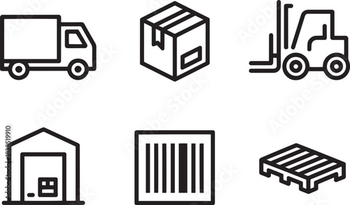 Set of six outline icons related to logistics transportation shipping and warehouse storage services