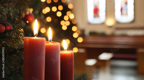 Warmth and light emanate from glowing candles in church, casting soft shadows and festive cheer.  The scene embodies faith, tradition, and the anticipated joy of the season.