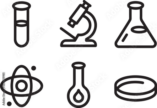 Set of six precise laboratory and science equipment line icons used for scientific investigation concepts