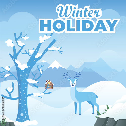 Charming vector of a Winter Holiday Festival in a snowy village square, featuring ice skating, Christmas market stalls, and a decorated tree.