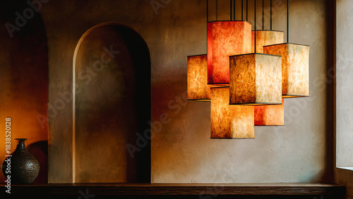 Suspensions lumineuses allumées dans une pièce avec mur brun