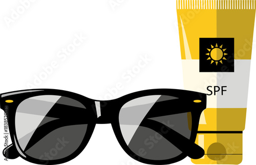 Stylish black sunglasses next to a tube of sunscreen with SPF for sun protection