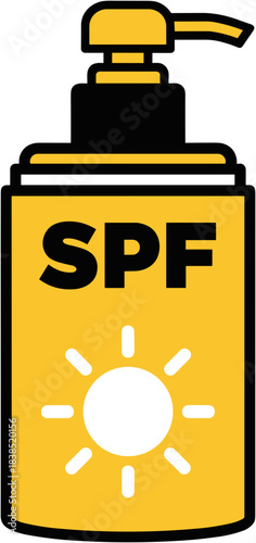 Illustration of a sunscreen bottle labeled SPF, symbolizing sun protection and skincare