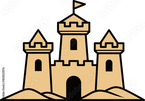 Stylized illustration of a sandcastle with towers and a flag, representing beach fun and creativity
