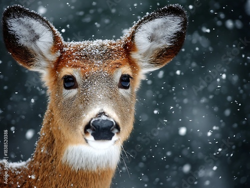 A close-up portrait of a deer with snowy fur and dark, observant eyes amidst falling snowflakes