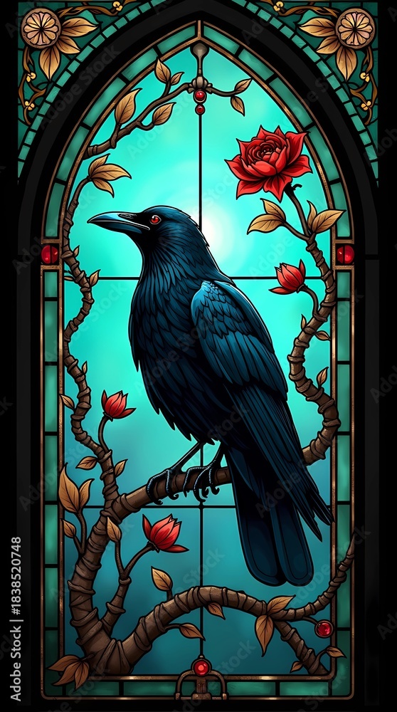 Fototapeta premium Stained glass window featuring colorful birds perched among branches and flowers
