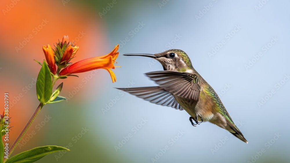 Naklejka premium Hummingbird feeding on a bright orange flower in soft light