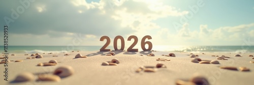 A serene beach scene featuring the year 2026 sculpted from sand, surrounded by gentle waves and seashells.