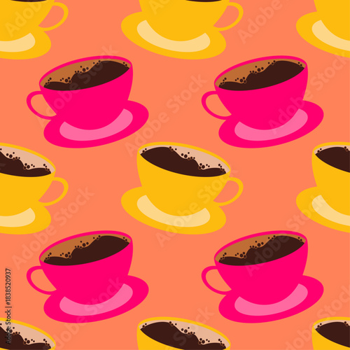 Lovely seamless coffee-themed pattern featuring colorful cups with plates full of coffee on an orange background. Ideal for cafe branding, textiles, wrapping papers, and coffee-inspired designs.