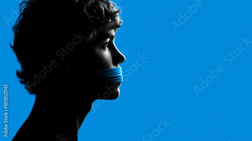 Silhouetten-Portrait eines Mannes mit zugeklebtem Mund als Symbol für Zensur und Unterdrückung der Meinungsfreiheit