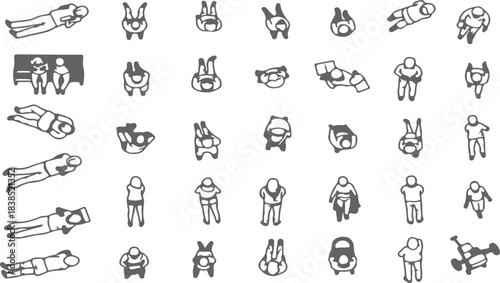 Top View People CAD Line Art, Human Outline Vector Pack for Architecture & Floor Plans Minimal style hand drawn