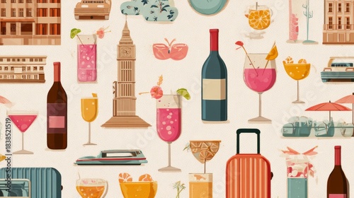 Travel Theme: Hotel, Drinks & Luggage Pattern for Tourism Design