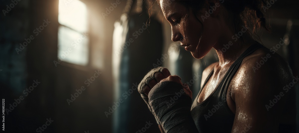 Naklejka premium Focused Female Boxer Wrapping Hands in Vintage Gym Lighting