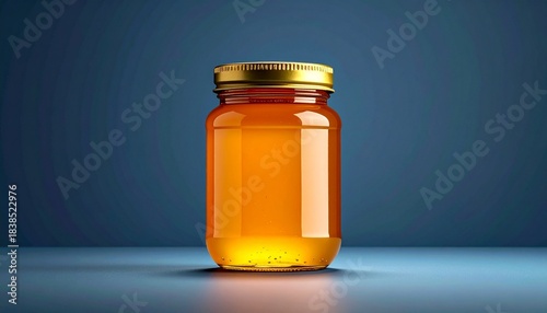 Clear glass jar filled with golden-orange liquid and sealed with metallic gold lid on reflective surface with gradient blue background