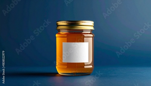 Clear glass jar filled with golden-orange liquid and sealed with metallic gold lid on reflective surface with gradient blue background