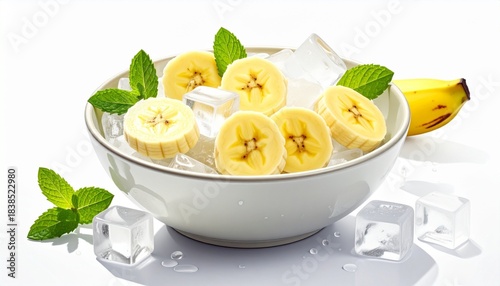 White bowl with banana slices, ice cubes, and mint garnish on white surface with whole banana in background