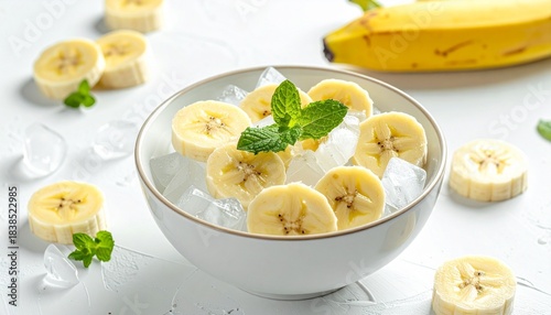 White bowl with banana slices, ice cubes, and mint garnish on white surface with whole banana in background