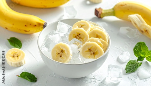 White bowl with banana slices, ice cubes, and mint garnish on white surface with whole banana in background