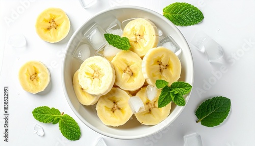 White bowl with banana slices, ice cubes, and mint garnish on white surface with whole banana in background