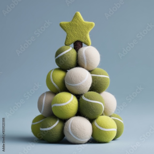 Christmas tree made from tennis balls and a star.