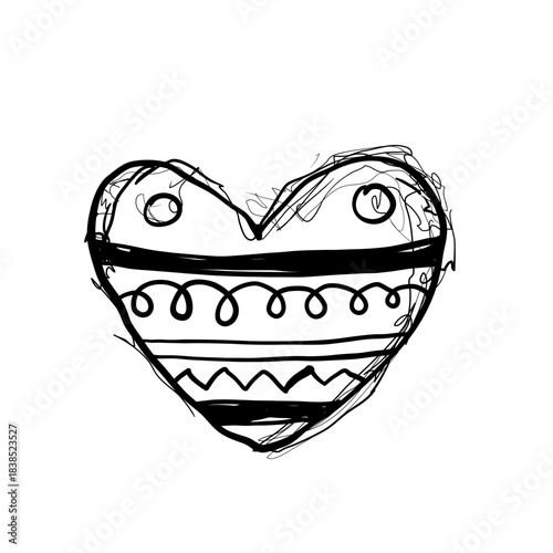 Heart shape drawn with bold lines and patterns created by a child for a playful art project during a craft session in a classroom at midday