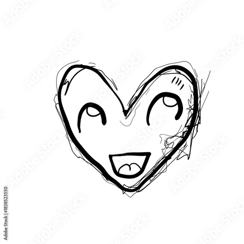 Happy heart drawing with smiling face and big eyes in simple line art style