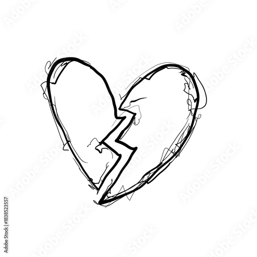 Broken heart drawing with simple lines showing sadness and loss of love in a minimalist style