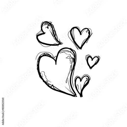Drawing of hearts shows different sizes and shapes, depicting feelings of love and affection in a simple design on a blank background