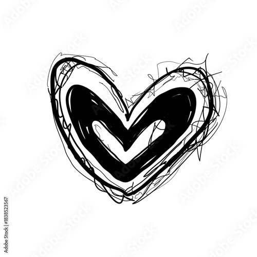 Black heart outline drawing on white background showing simple line art style with messy details