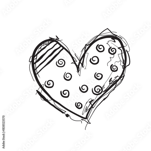 Heart shape with swirls and lines created in a simple sketch style on a plain background