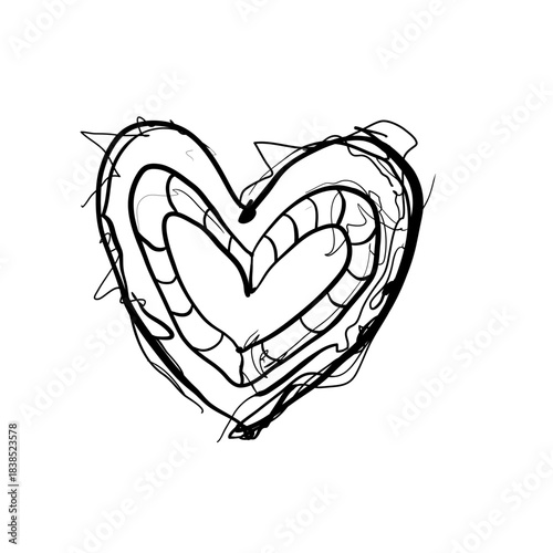 Line drawing of a heart shape with detail showing curves and inner lines created with black on white background