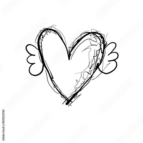 Heart with wings in simple line art drawing style showing creativity and playful expression
