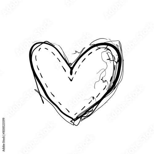 Drawing of a heart with stitching details in black ink on a white background showing a simple artistic design